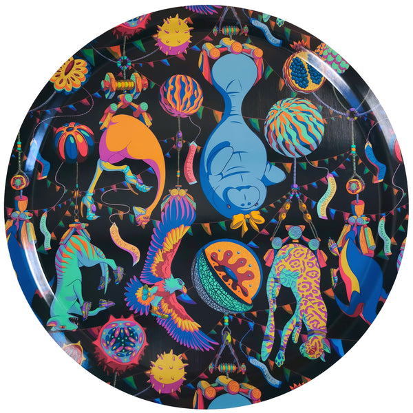 Giant carnival multi-coloured circular patterned tray on white background.