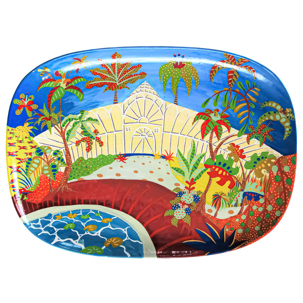 Colourful greenhouse entrance hand-pained onto ceramic, with white background.