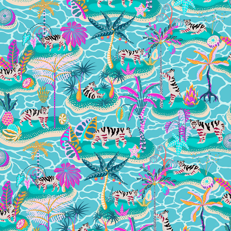 Digital illustration of blue repeat pattern featuring a tigers, palm trees, fruit and tropical islands.