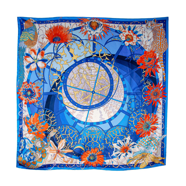 Square blue silk scarf of flower clock illustration.