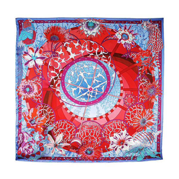 Bold red silk satin printed square scarf of flowers and animals.