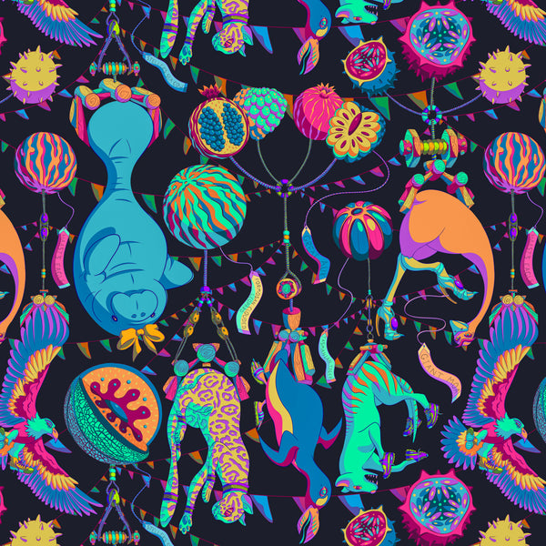Digital illustration of bold floating circus world pattern featuring extinct animals by Sam Wilde.
