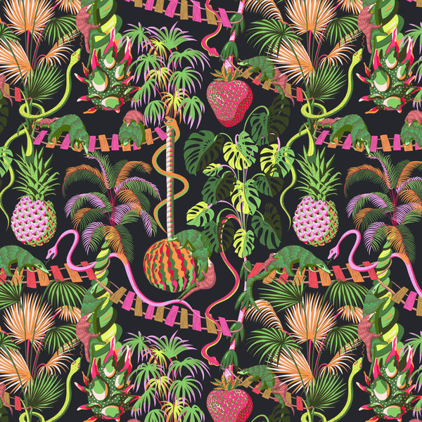 Digital illustration of dark colourway for the illustrated jungle pattern 'Precarious Pangolins'.