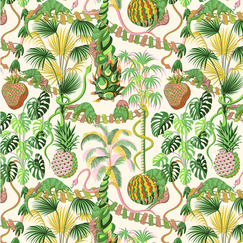 Digital illustration of jungle repeat pattern 'Precarious Pangolins' featuring giant floating fruit, tropical plants, snakes and pangolins.