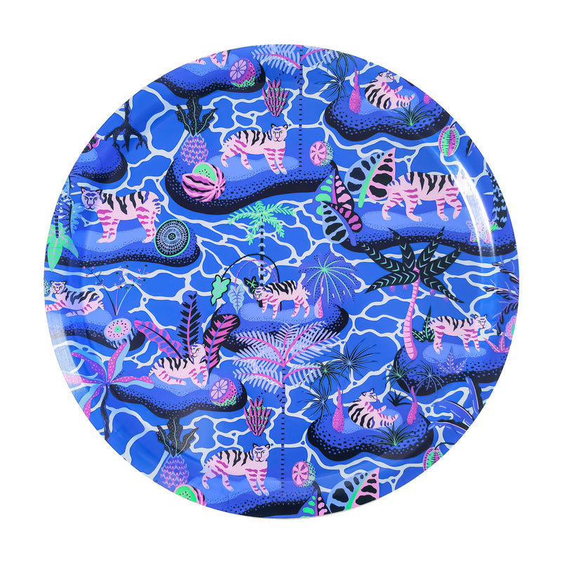 Large blue circular patterned tray on white background.