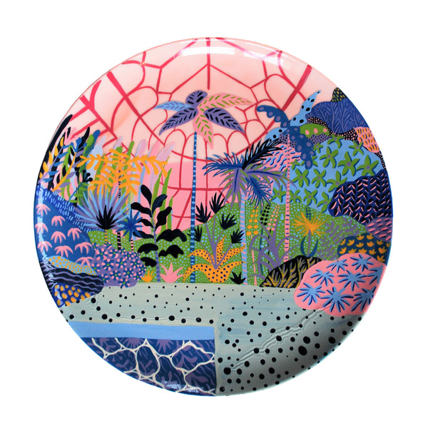 Colourful greenhouse painted onto ceramic with pink sky and white background.