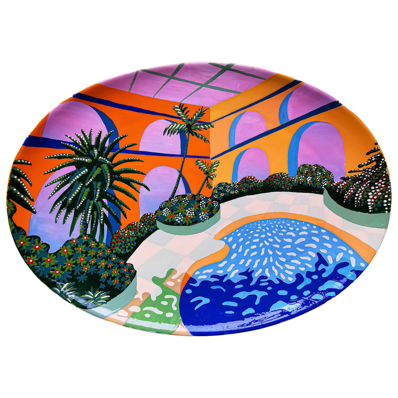 Painted ceramic of archways, palms & tiles with white backdrop.