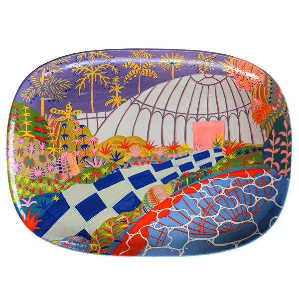 Colourful greenhouse in garden with tile path painted on ceramic on white background.