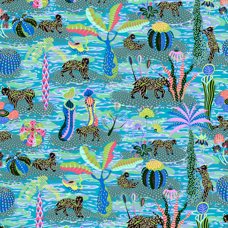 Digital illustration of blue repeat pattern featuring a swamp, big cats, islands and cacti.