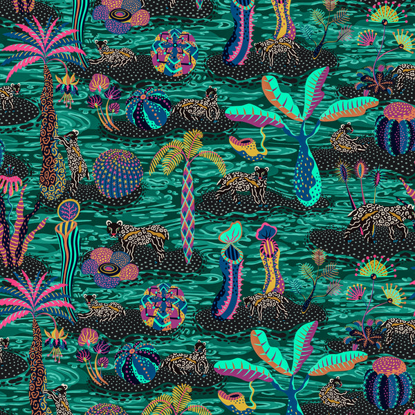 Digital illustration of dark green repeat pattern featuring a swamp, big cats, islands and cacti.