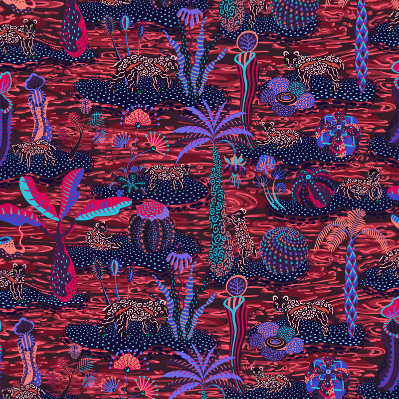 Digital illustration of red repeat pattern featuring a swamp, big cats, islands and cacti.