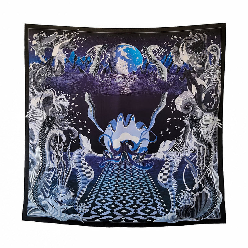 Large monochromatic black and white silk scarf showing illustration under the ocean.