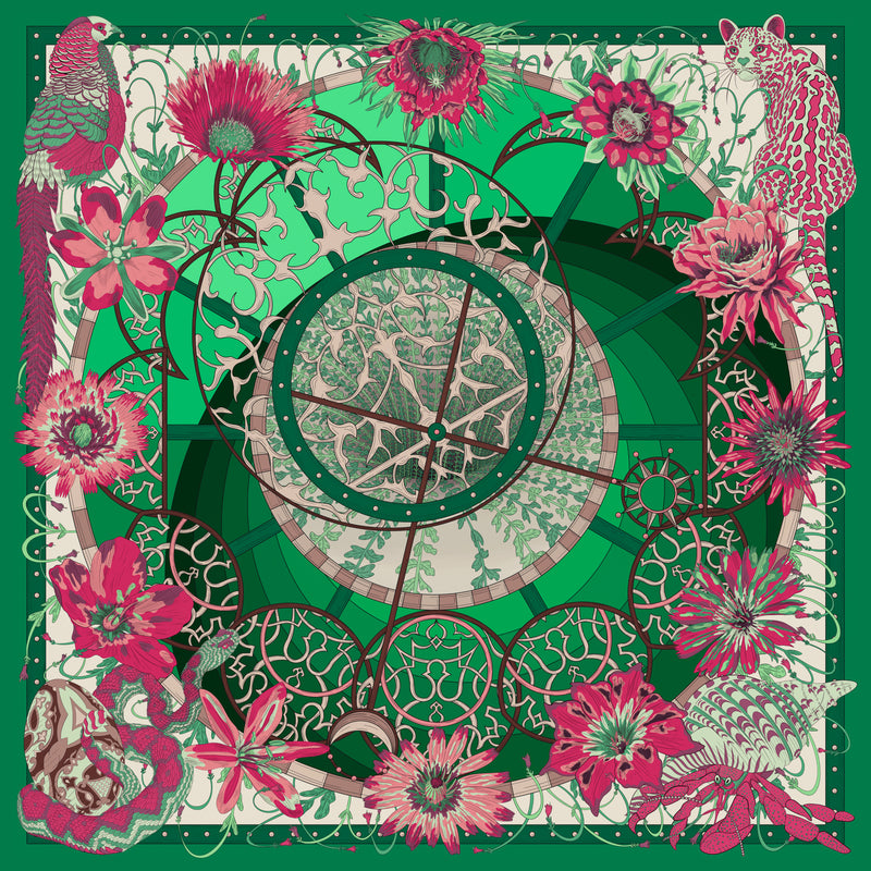 Illustration of emerald green flower clock scarf.
