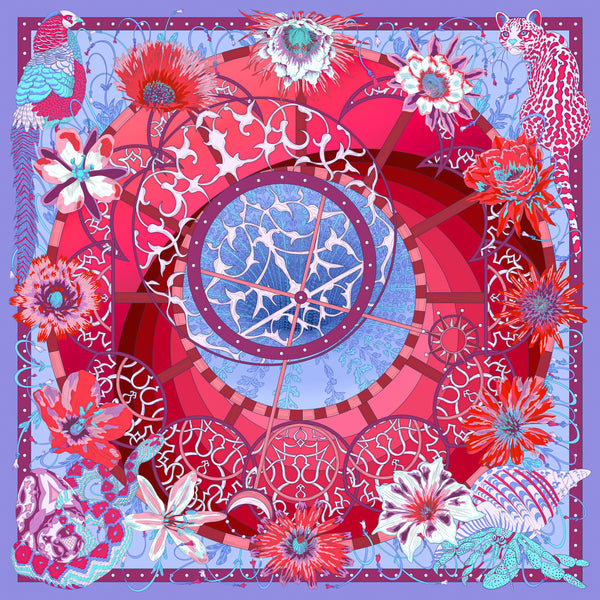 Digital illustration of red and purple illustrated flower clock garden square scarf.